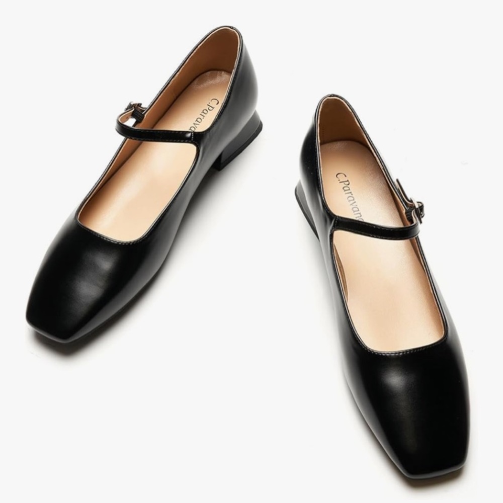 Black Leather Flats with Square Toe and Strap